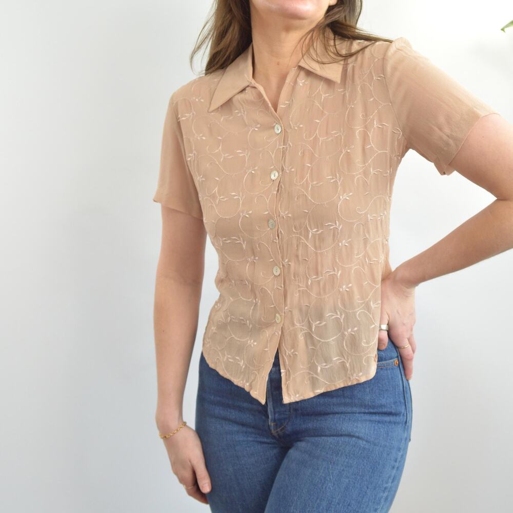 dusty rose beige embroidered silk button down blouse